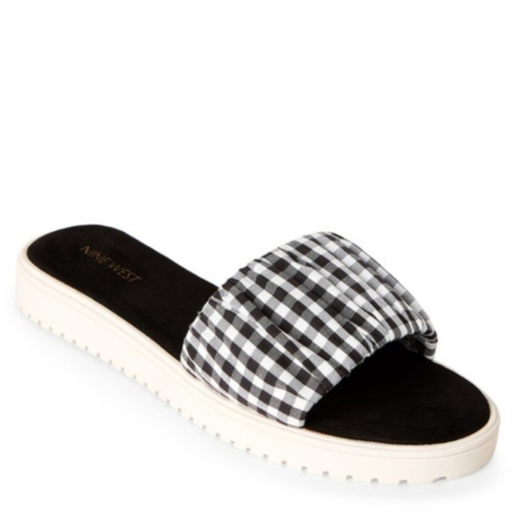 Nine West Shoes - Nine West Gingham Check Slip On Slide Sandals